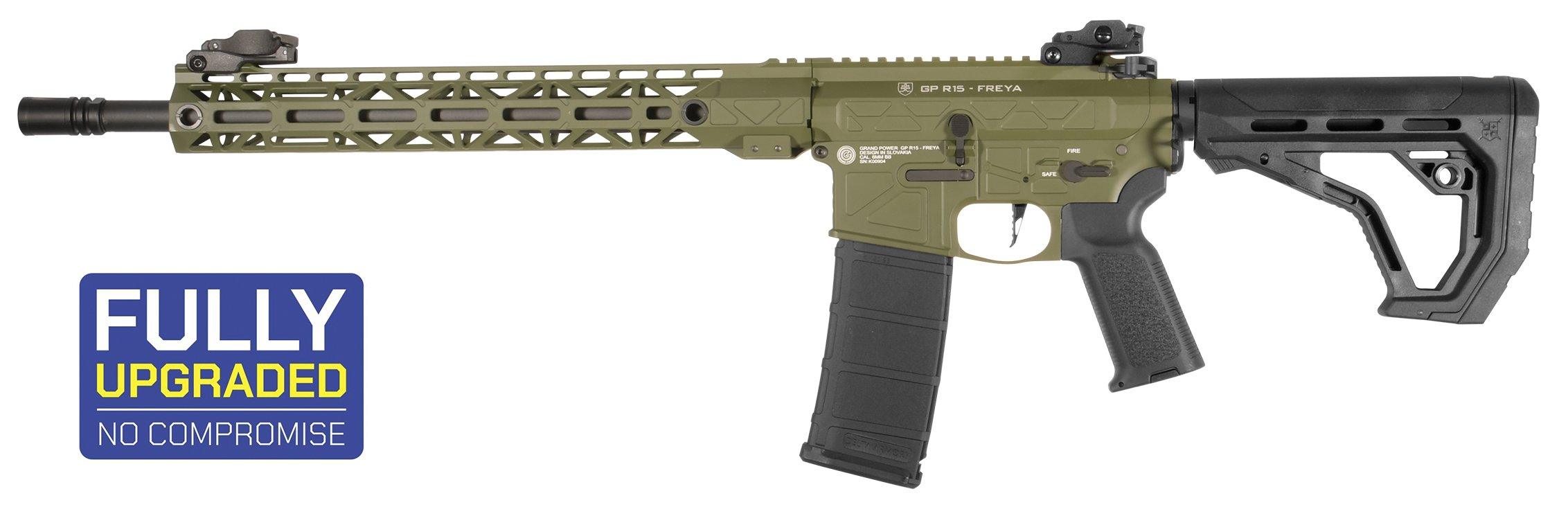Delta Armory FREYA R15 A24 M-LOK 14-inch Airsoft Replica Rifle in Olive - Side view with M-LOK rails, upgraded components, and no-compromise design