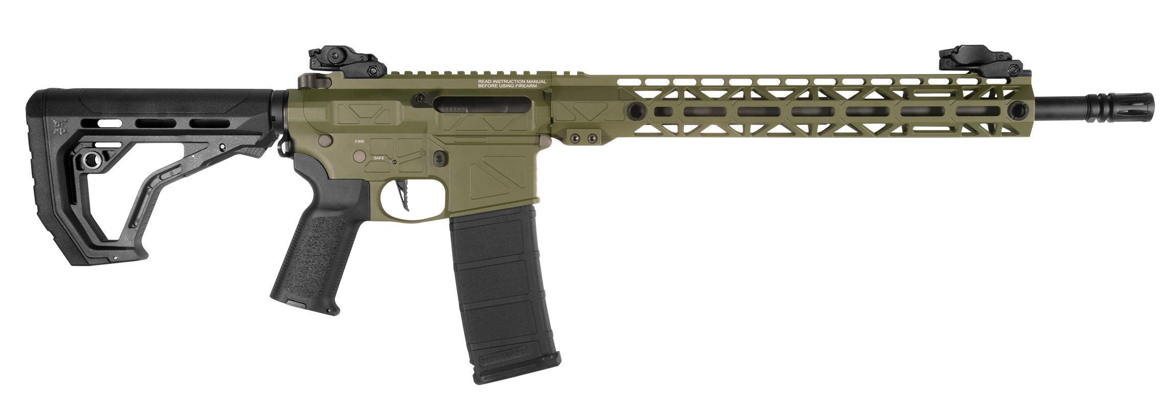 Replica softair Delta Armory FREYA R15 M-LOK 14'' Oliva, vista laterale, con corpo full metal e paramano leggero in alluminio.