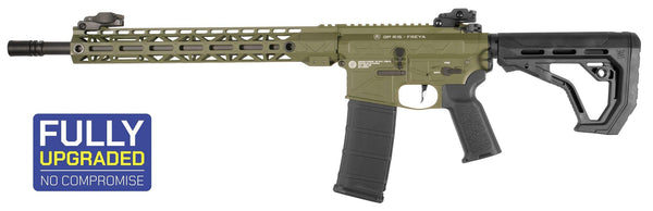 Delta Armory FREYA R15 A24 M-LOK 14-inch Airsoft Replica Rifle in Olive - Side view with M-LOK rails, upgraded components, and no-compromise design